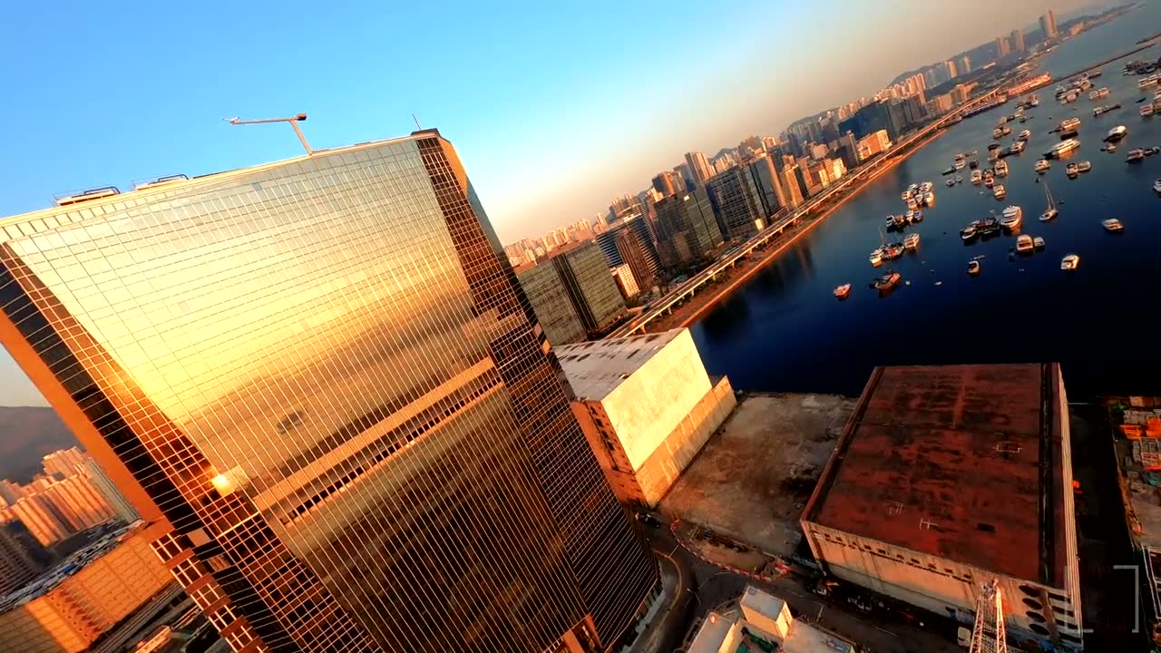 The bronze glass facade of the tower at sunset, harbour beyond.